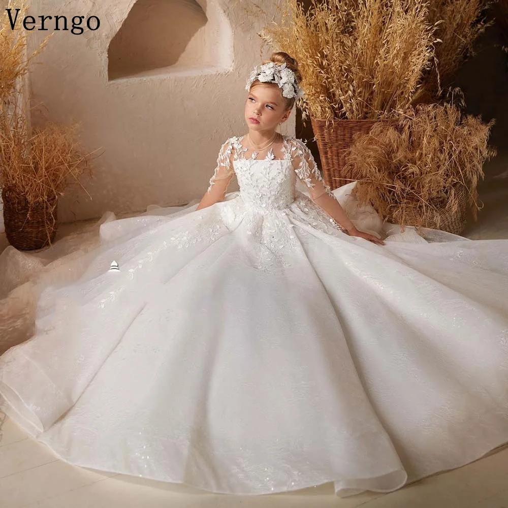 

Verngo lvory Appliques A Line Kid Wedding Party Dress Full Sleeves Ball Gown Maxi Birthday Party Dress Customized