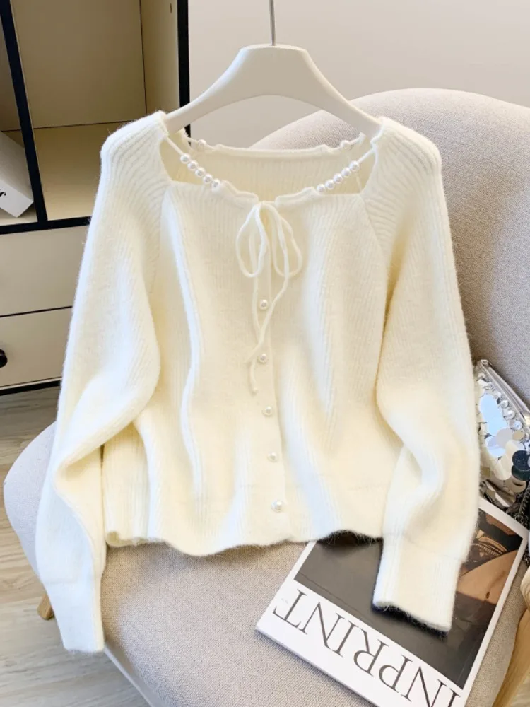 

Однобортный вязаный кардиган на шнуровке, женский осенне-зимний свободный и милый свитер в ленивом стиле