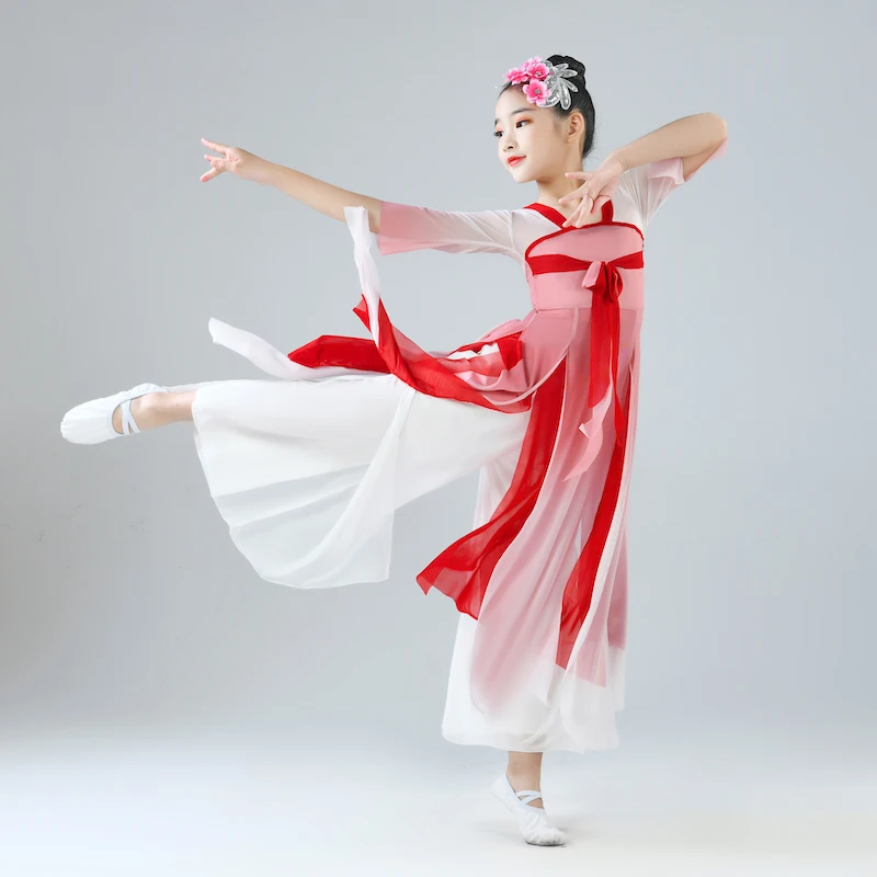 Children Chinese Style Dance Costume Girls Elegant Flowing Chiffon Hanfu Dance Dress Classical Ethnic Performance Dance Dress