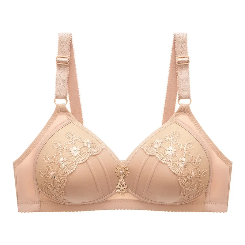 Large Size Embroidery Women Rimless Bra Thin Die B C D Cup Adjustable Bras Solid Color Lace Sexy Breathe Gather Wire Free Bra