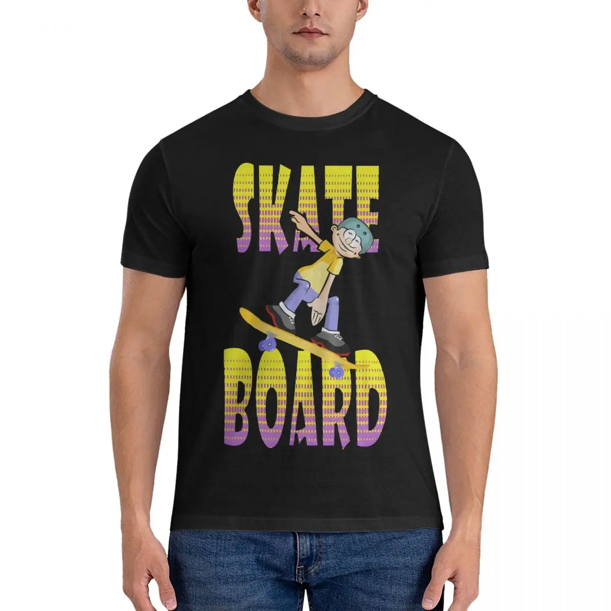 Fashion Text In Yellow And Violet Colour With Boy Skating Round Neck Pure Cotton T Shirts Skateboard Boy Short Sleeve Tee Shirt