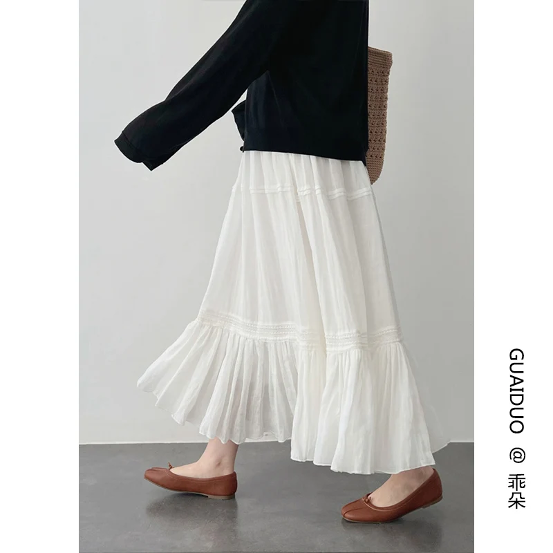 New Spring Summer Umbrella Skirt Slimming Fairy Lace Stitching White A-Line Skirt Women Mid-Length Exquisite Skirt A671