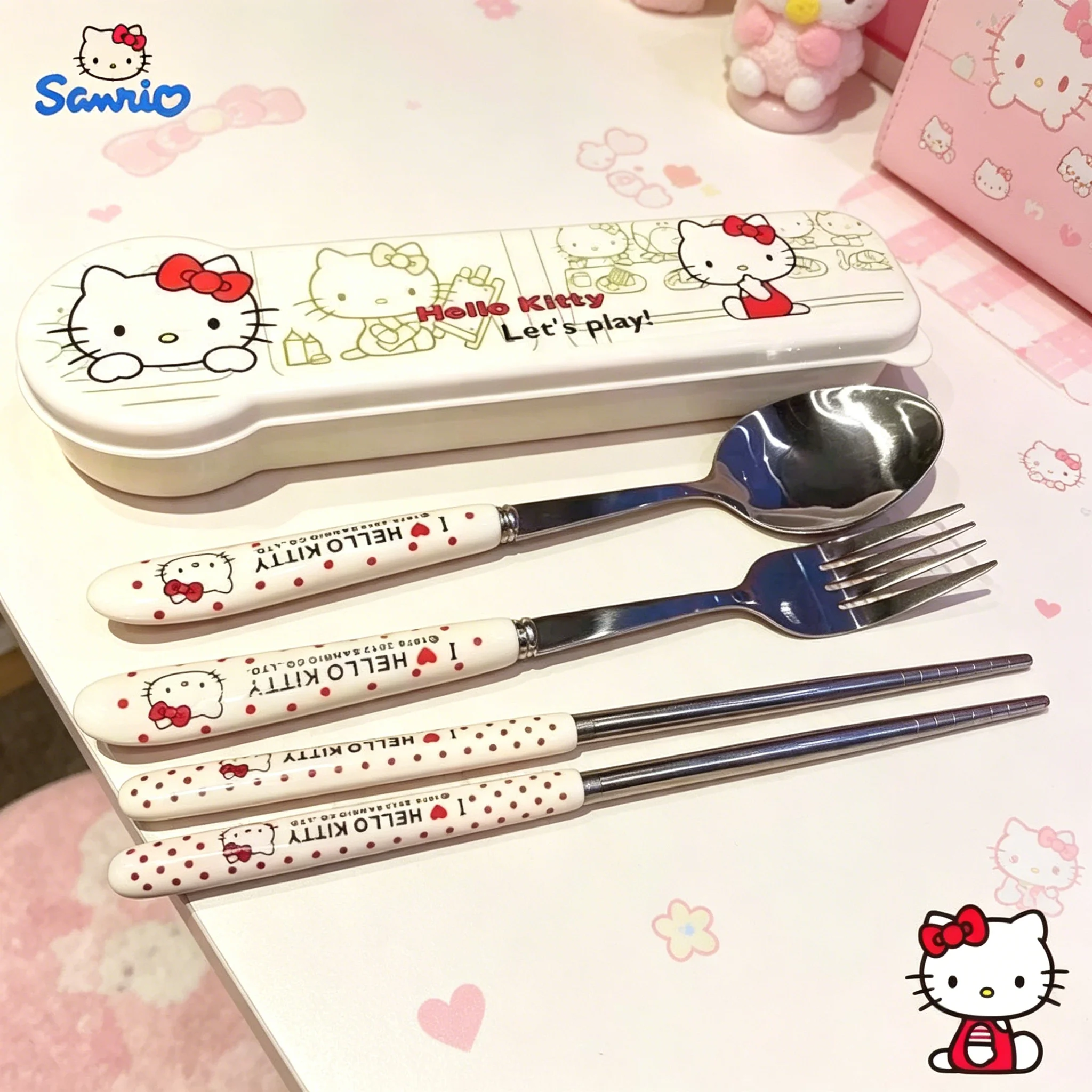 Vajilla Hello Kitty, palillos de acero inoxidable, cuchara, tenedor, anime dulce, de aspecto atractivo, portátil, kawaii, juego de tres piezas, utensilios de cocina