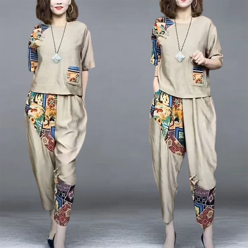 Summer Ethnic Style Cotton Linen Vintage Printing Top Elastic Waist Loose Causal Oversized Ankle Length Harem Pants Sets Women