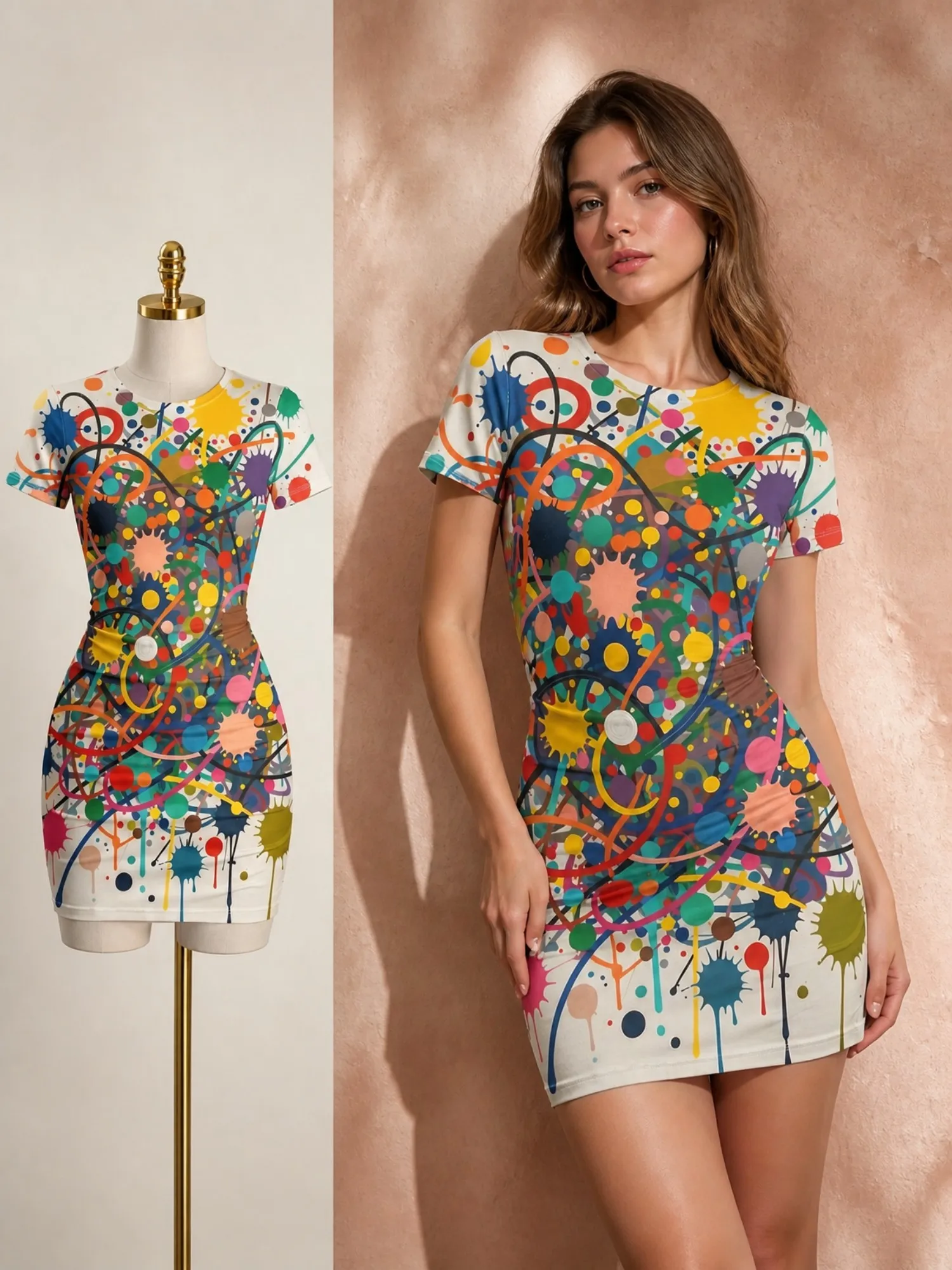 Damen Kurzarm Bodycon Minikleid, schmal geschnitten, Rundhalsausschnitt, Blumenmuster, lässig, Sommer, Party, süß, trendig, schmeichelhaftes Party-Sommerkleid – Detail 3