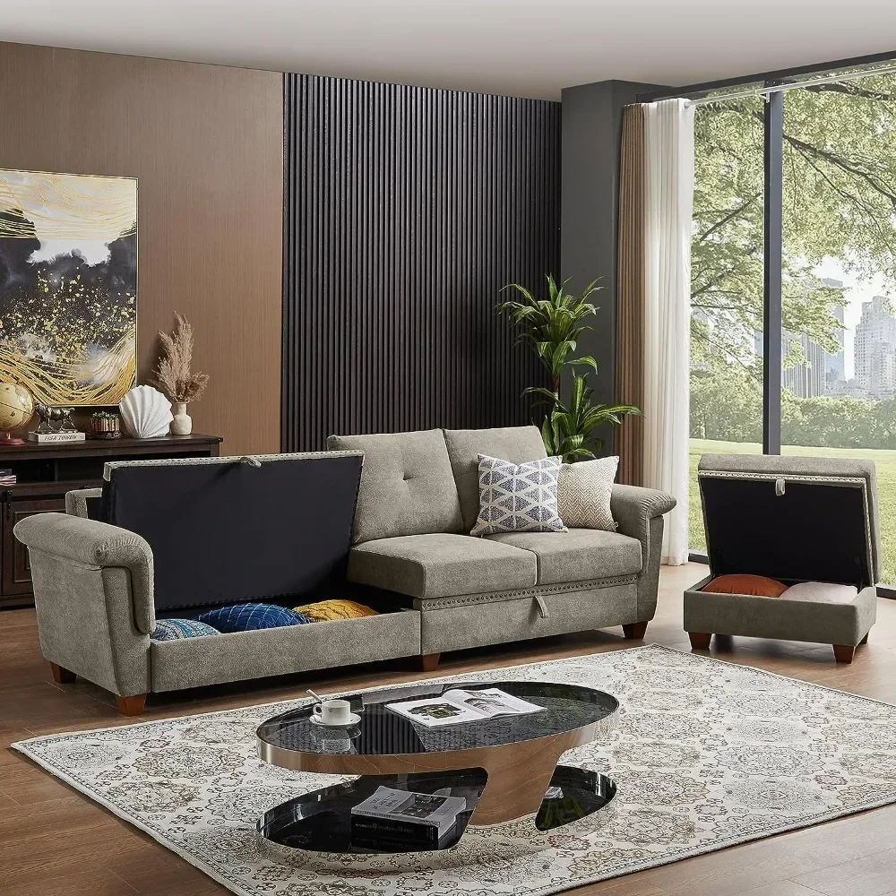 Convertible Sectional Sofa with Storage, 4 Seat L Shaped Couch with Chaise and Cup Holder, Modern Microfiber Fabric Sofa