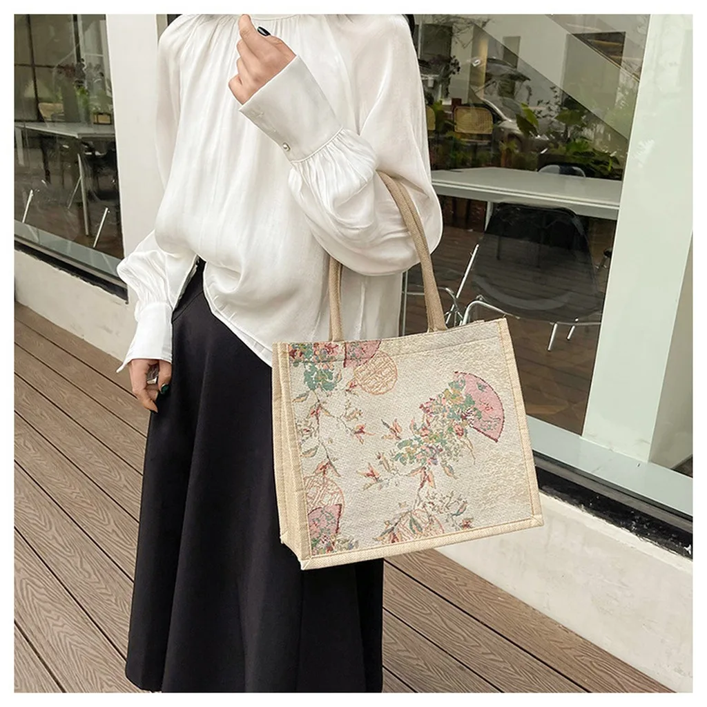 Linen Tote Bag Stylish Daily Commute Bag Large Capacity Handbag Lightweight Chinese Tote For Dating School Daily Commute