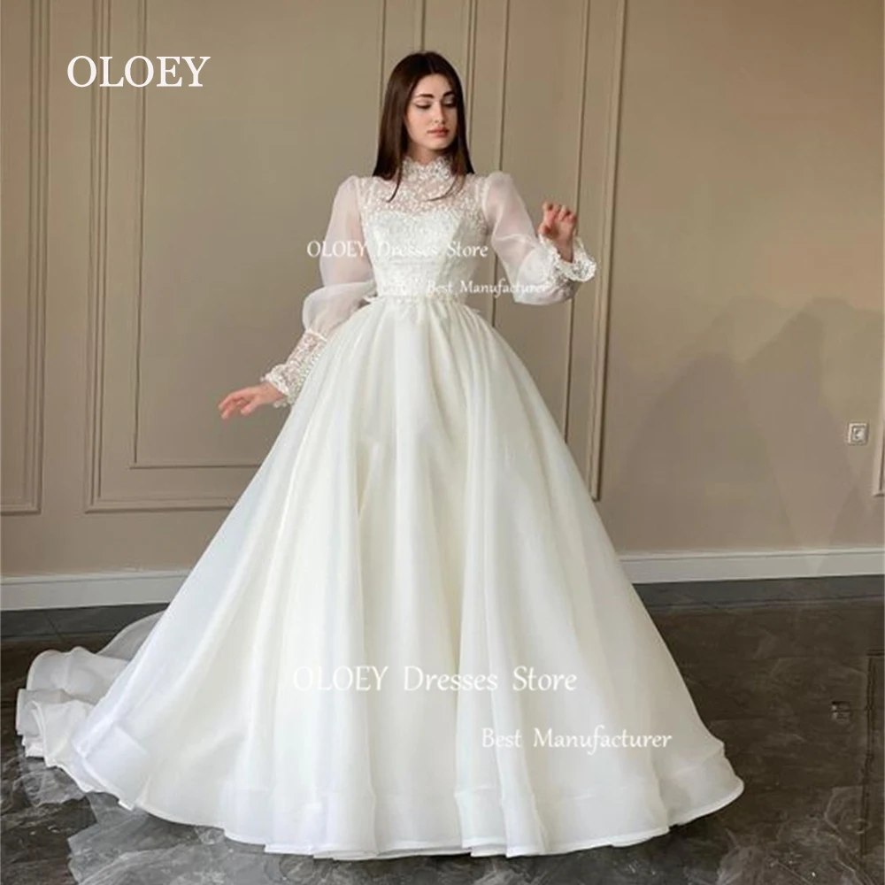 

OLOEY Elegant Silky Organza A Line Wedding Dress Lace Puff Long Sleeves High Neck Bridal Gown Arabic Dubai 2024 Robe de mariage