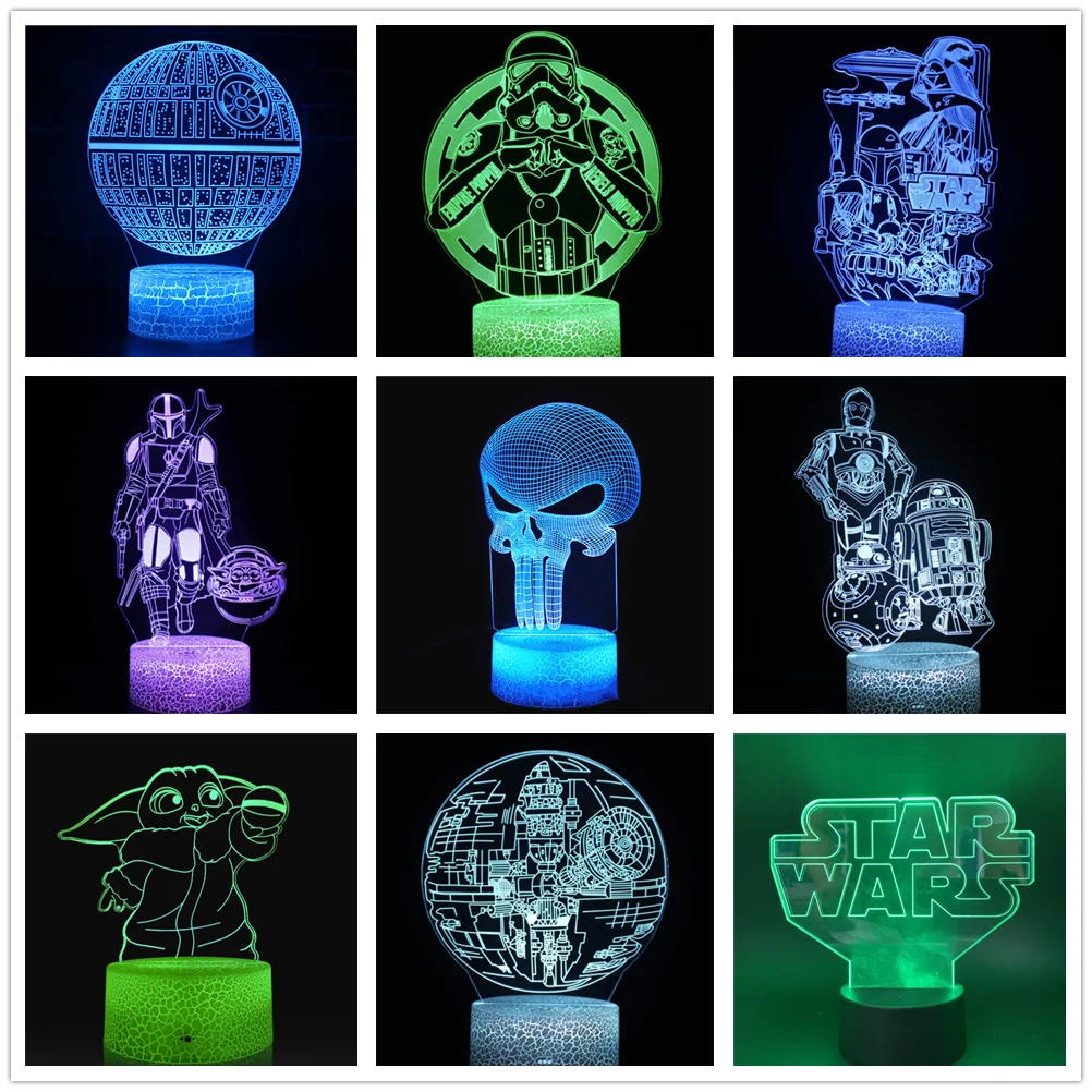 Lámpara de noche de Anime Yoda Baby 3D, luz LED de ilusión que cambia de Color para niños, decoración de dormitorio, luz nocturna, Manga Groot, lámpara de mesa