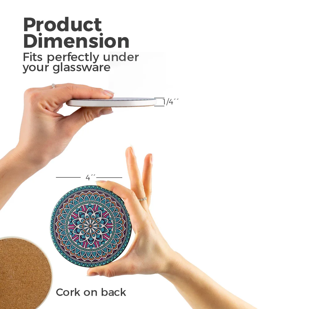 Mandala Drink Coasters for Drinks Absorbent with Cork Base Coasters for Coffee Table Apartment Wooden Bar Mugs Glasses 8Pcs