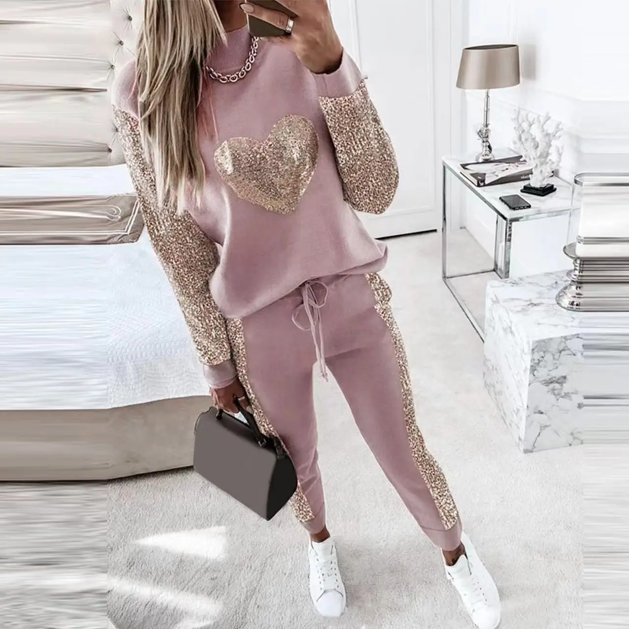 

Fashion Love Sequin Suit Spring New Sports Suit Casual Half Turtleneck Long Sleeve Pullover Top Lace Up Long Pants 2 Piece Set