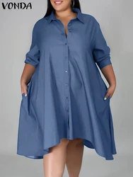 Plus Size VONDA damska sukienka jeansowa 2023 jesienna koszula sukienka seksowna z długim rękawem asymetryczna Midi Vestidos elegancka Sundress