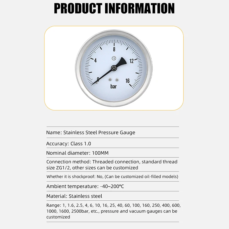 Factory hot seal Pressure Gauge 100mm 304ss stainless steel precision 1.6% back connection Hydraulic high Manometer