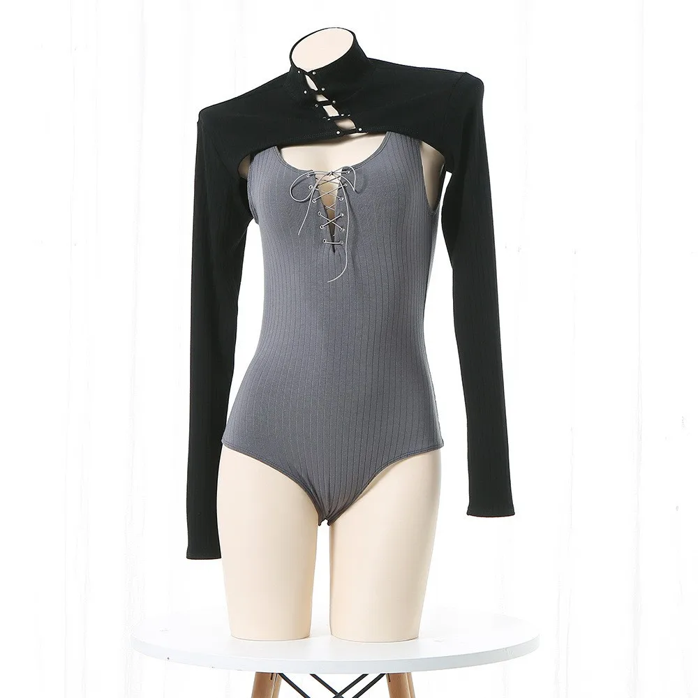 

Sexy Japanese Anime Student Swimsuit Uniform Women Black Top Grey Backless Jumpsuit Elastic Slim Fit Bodysuit Girls Bathing Suit