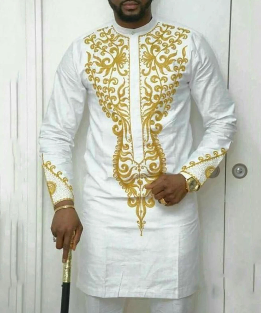African Men Embroidery Shirt Outfits Africa Long Sleeve Round Collar Top Pants Two Piece Traditional Ethnic Party Wedding Suit