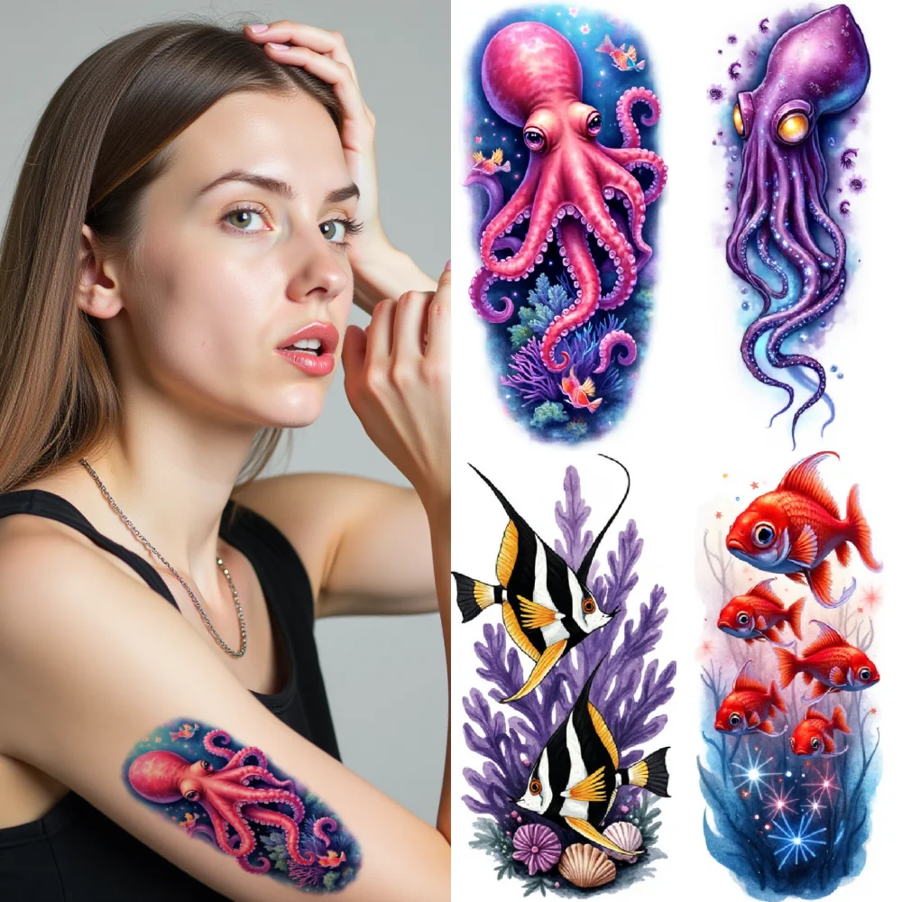 

12pcs Temporary Tattoo Realistic Temporary Tattoos Coral Turtle Octopus For Arms Men Adults