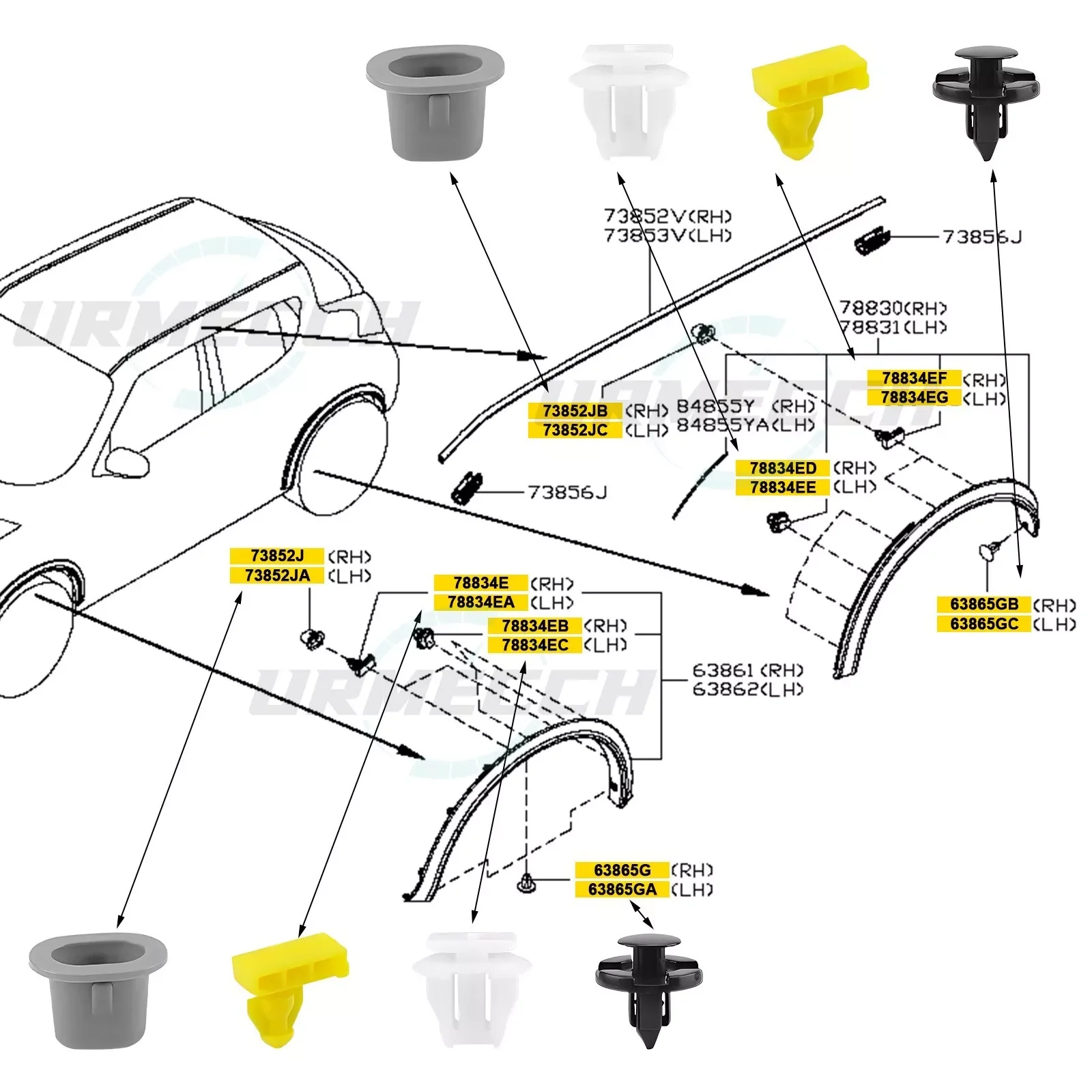 

46pcs For Nissan Juke Infiniti 76847JG00A 76882JG10A Wheel Arch Trim Fender Flare Molding Retainer Clips Push-Type Retainer
