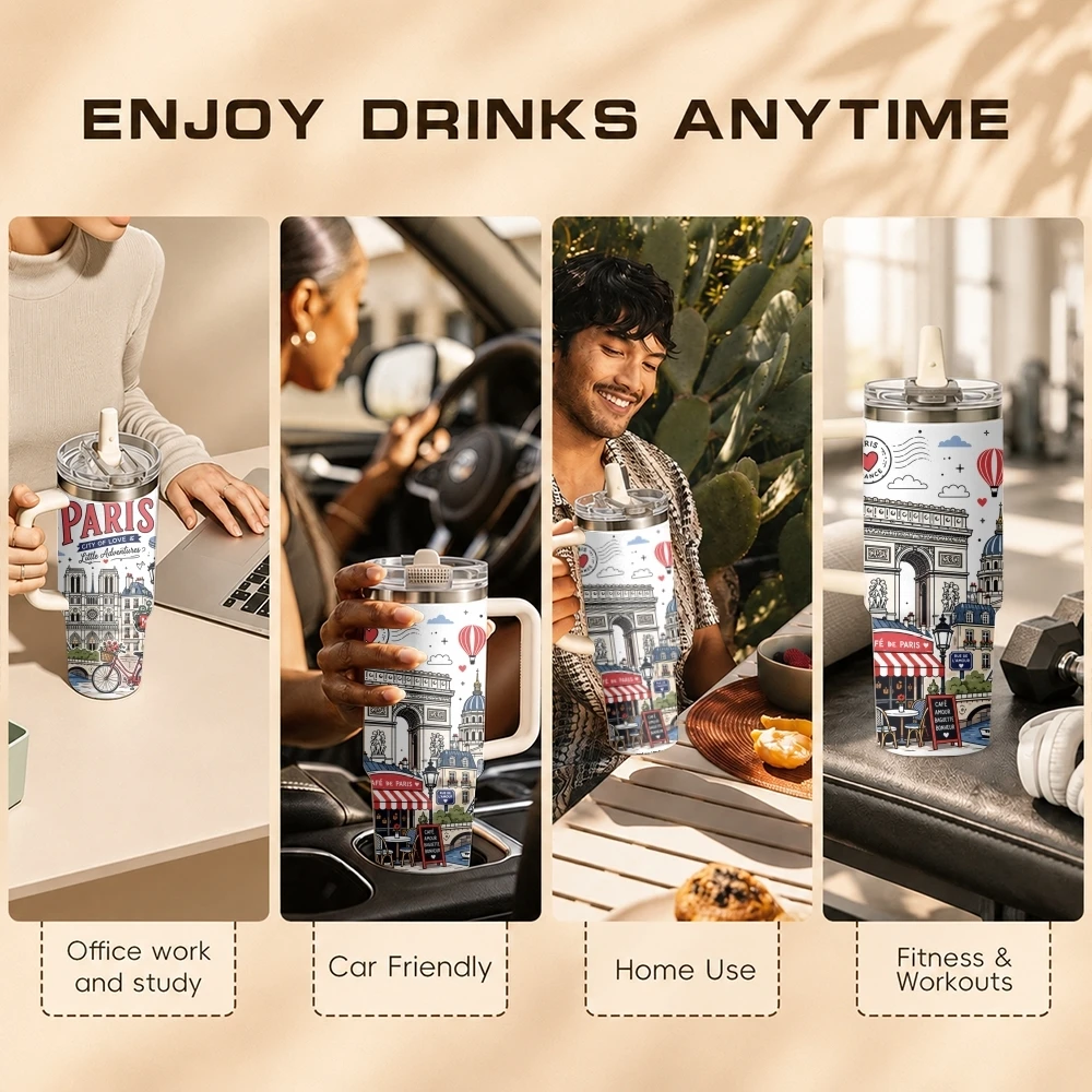 Colorful Urban Design Vacuum Flasks 40oz Stainless Steel Tumbler with Handle Straw Lid Vacuum Insulated Double Wall Leak Proof