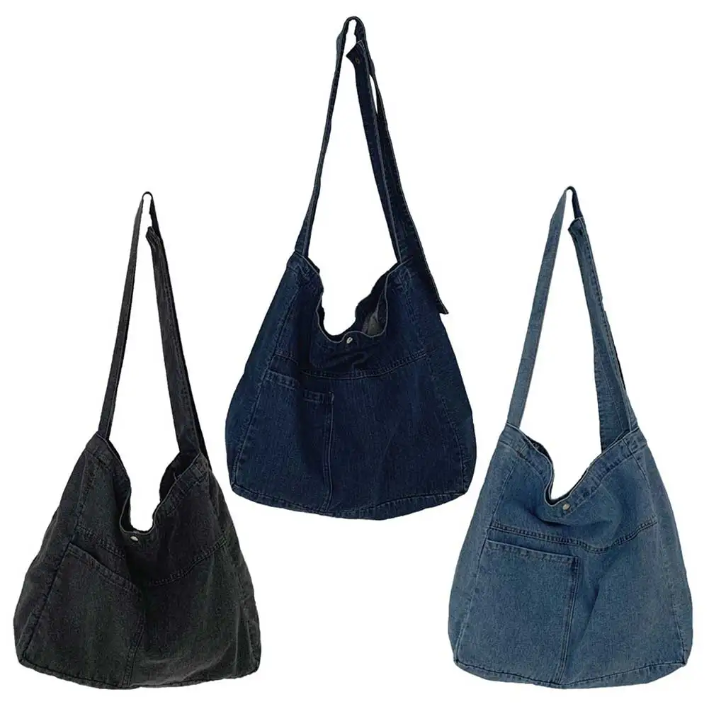 Unisex Denim Tote Handbag Large Capacity Foldable Satchel Bag Versatile Denim Shoulder Bag Casual Travel Shopping Bag