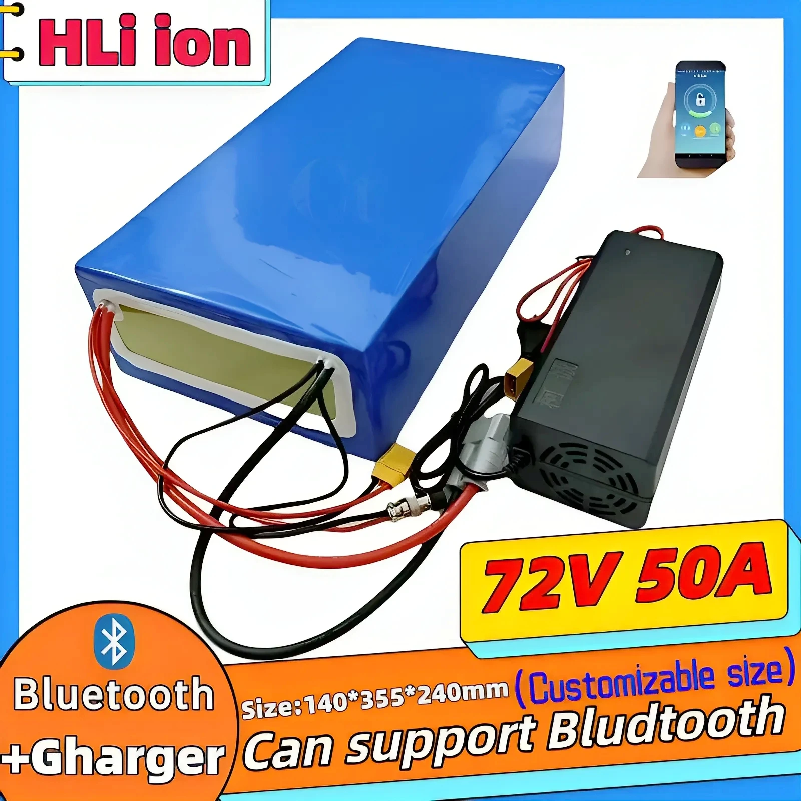 

72 В 50 Ач литий-ионный с Bluetooth APP BMS для 5000 Вт 10 кВт велосипед скутер велосипед мотоцикл вилочный погрузчик кран + зарядное устройство 10 А