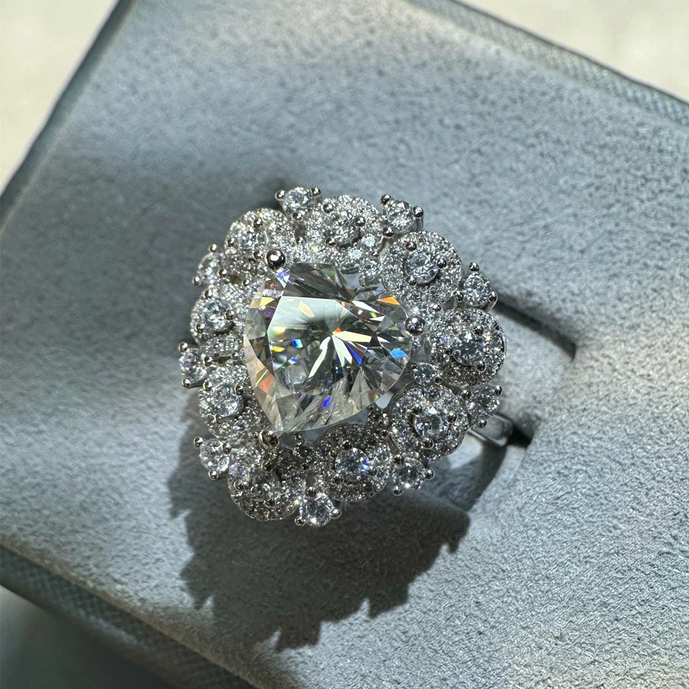 Vinregem 3EX VVS1 D Color 10*10 MM Heart Cut Real Moissanite Diamond Cocktail Party Women Ring 925 Sterling Silver Fine Jewelry