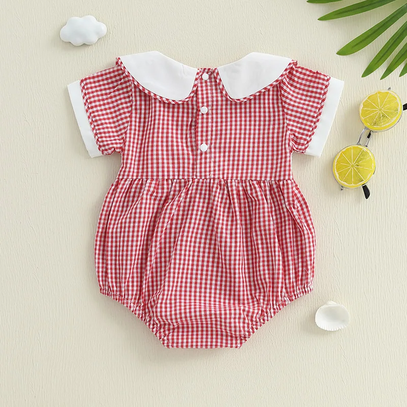 طفل الفتيات الصيف رومبير عارضة جراد البحر التطريز منقوشة دمية طوق قصيرة الأكمام الوليد بذلة لملابس أزياء الطفل