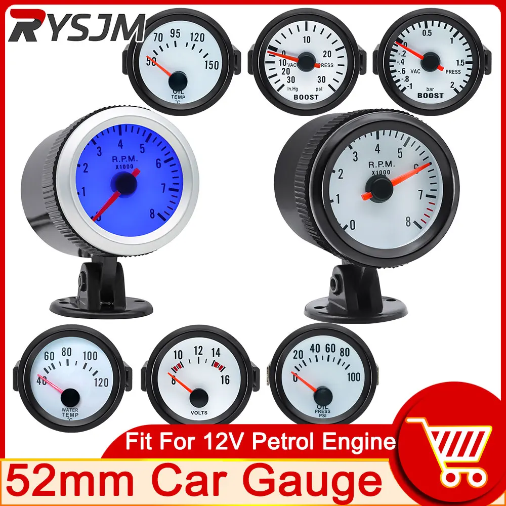 

HD 52mm Car Tachometer Turbo Boost Gauge PSI BAR Water Temp Oil Temp Oil Pressure Gauge Voltmeter EGT Tacho Meter RPM Gauge