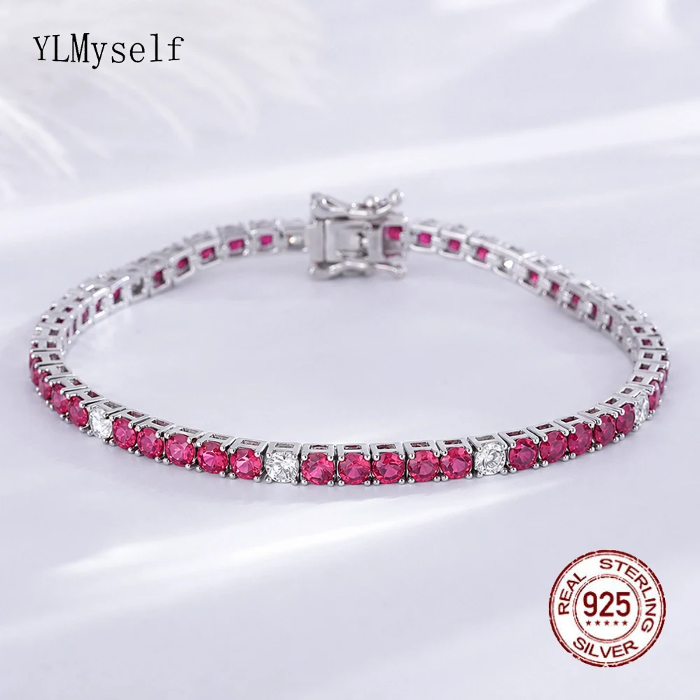 Fine Jewelry 3MM Ruby Red Mix White Cubic Zircon 16/17/18CM Chain For Women Solid Real 925 Silver Tennis Bracelet
