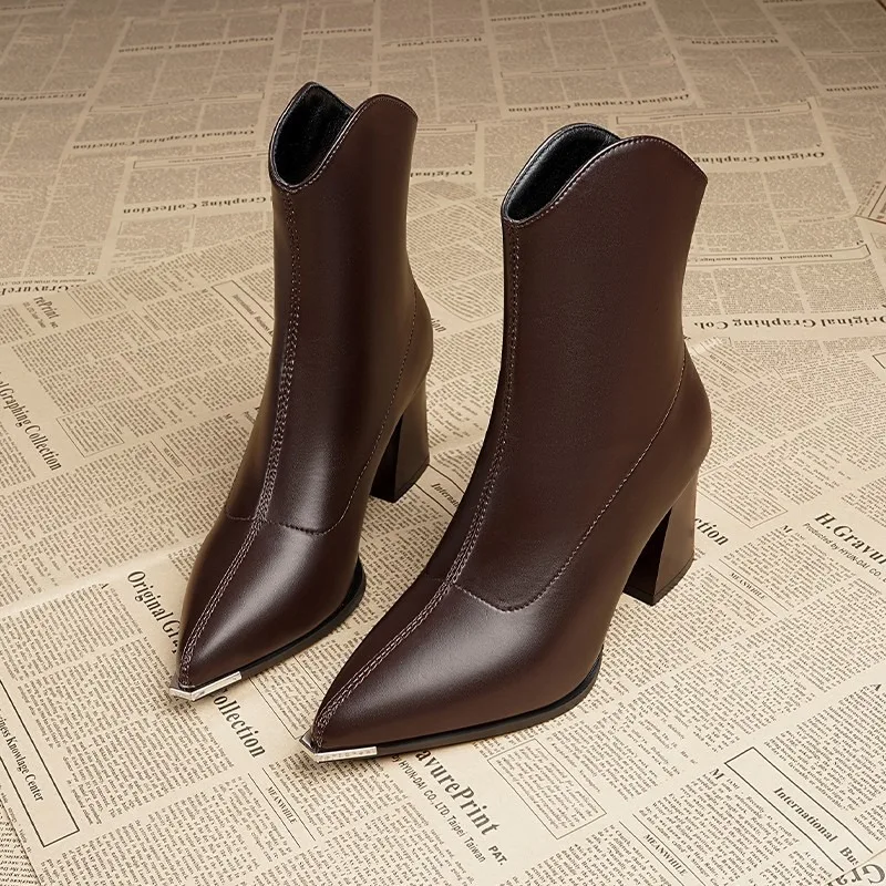2025New Arrival Women Ankle Boots High Quality Casual Leather Boots Fashion Pointe High Heel Boots Plush Warm Women Winter Botas