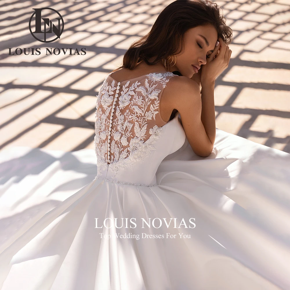 LOUIS NOVIAS-Vestidos de casamento sem mangas de cetim para mulheres, apliques vintage, botão, vestido princesa noiva, 2024