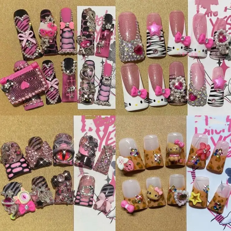 

Sanrios Hello kitty French Tip Press on Nails Duck Fake Nails Hot Pink Leopard Glue on Nails Duckbill Nails Acrylic Nails Gift