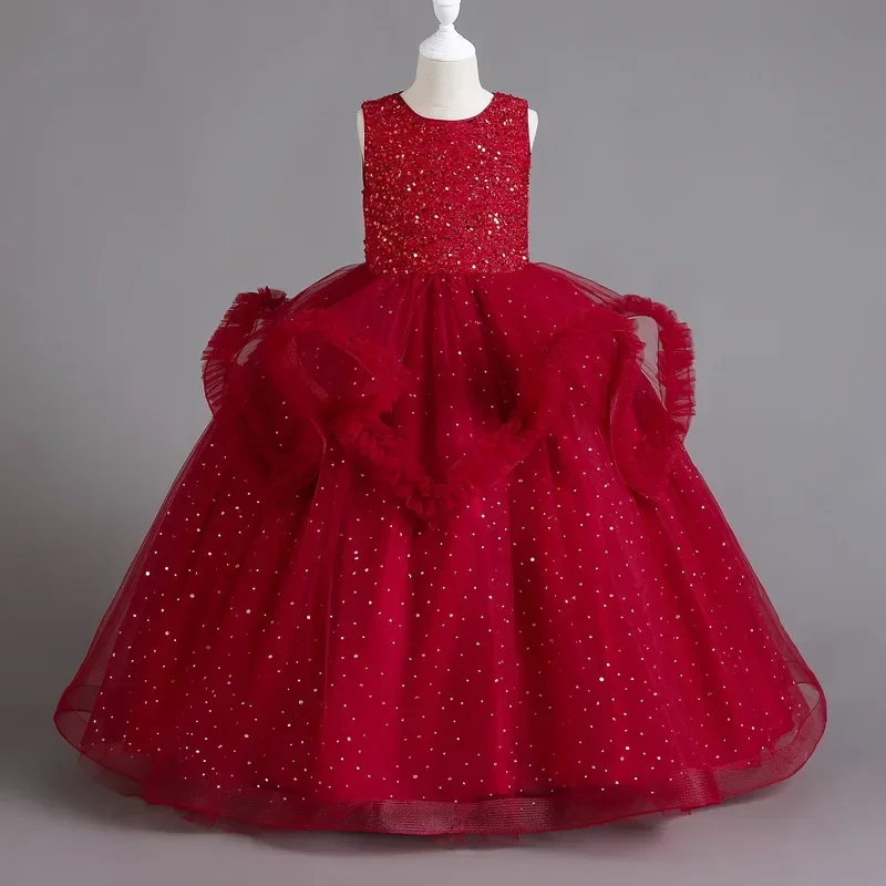 Fashion Kids Evening Dresses Lace Sleeveless Solid Color Girls Sequin Dress Summer Girls Party Dresses 4-14 Years