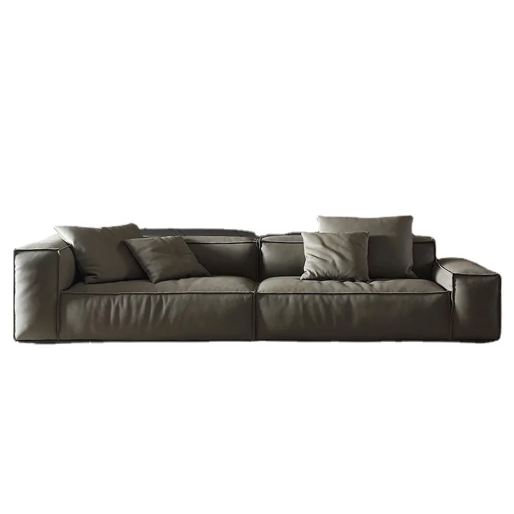 

Minimalist tofu block full leather sofa first layer yellow cowhide Internet celebrity designer living room