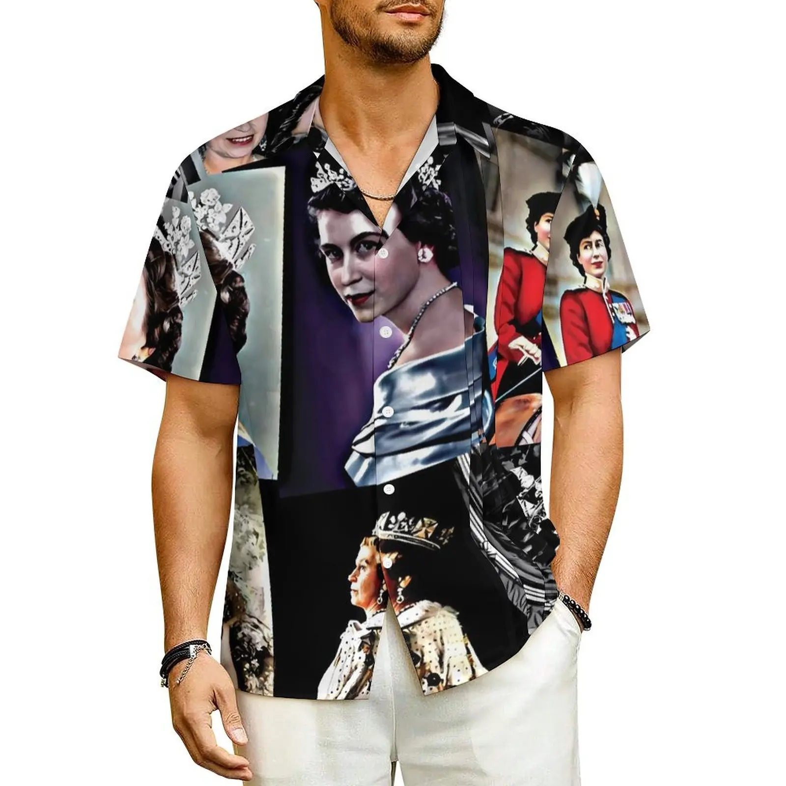 

Elizabeth Ii Beach Shirt Men The Queen Vintage Casual Shirts Hawaiian Short-Sleeve Y2K Street Graphic Oversized Blouses Gift