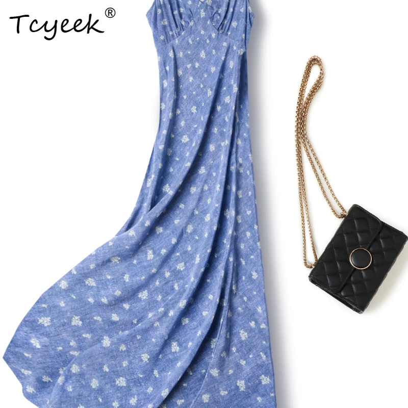 

Tcyeek 100% Mulberry Silk Summer Thin French Blue Floral A-line V-neck Camisole Sleeveless Vacation Long Women's Dress 원피스 여름