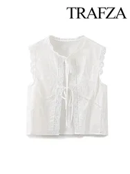 TRAFZA Women Summer New Fashion Bow Decorated Commuting Shirt Retro Crew Neck Lace Up Female Sleeveless Tops Casual Shirts