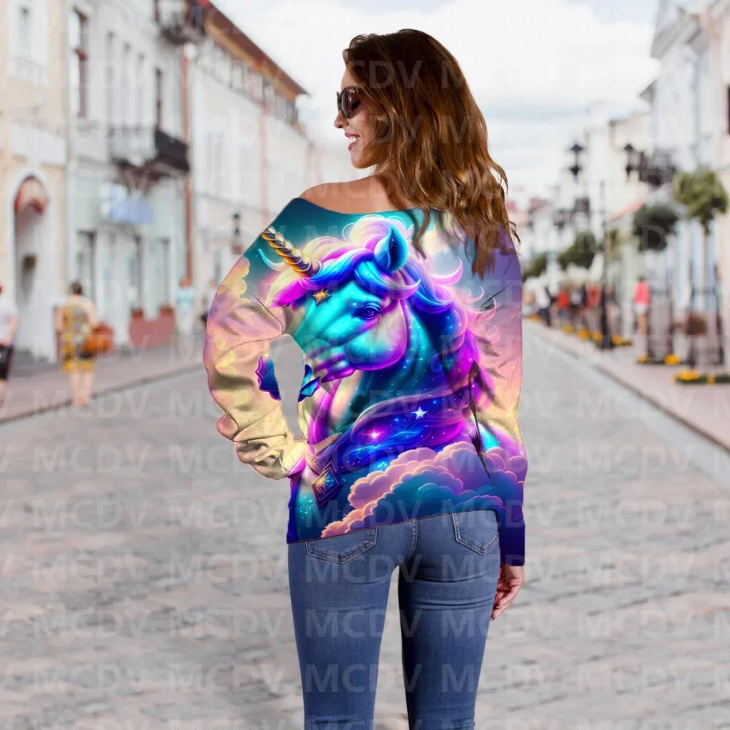 Women's Off Shoulder Sweater Giraffe/Unicorn/Alpaca 3D Printed Women Casual Long Sleeve Sweater Pullover