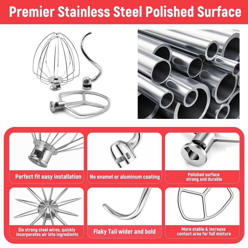 FSLH للخلاط 6 QT خطاف العجين K256WW سلك سوط ومجداف شفرة مسطحة مرفقات خلاطات من الفولاذ المقاوم للصدأ #3