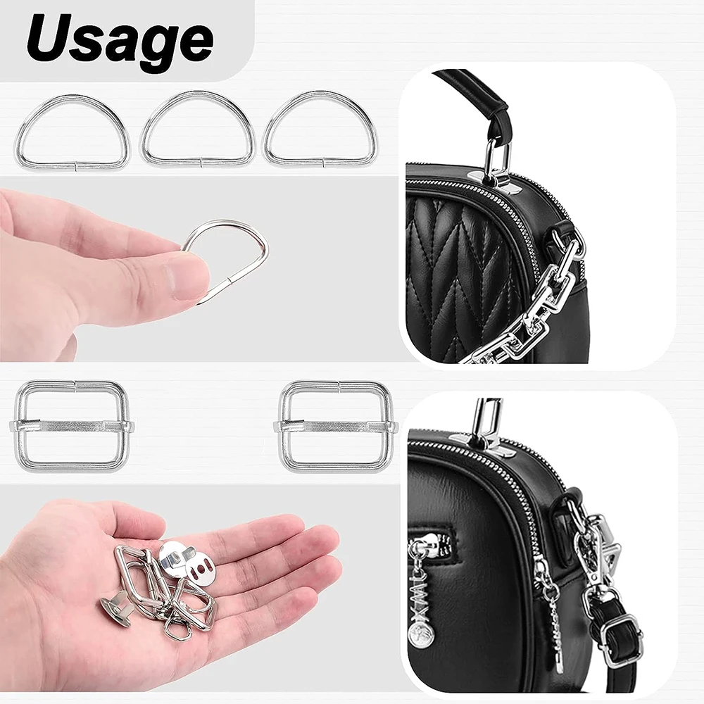 18/15PCS Purse Hardware Buckles Sets Bag Making Assortment Kit Includes Swivel D Ring Hooks Clasps Slide Buckles Snap Button