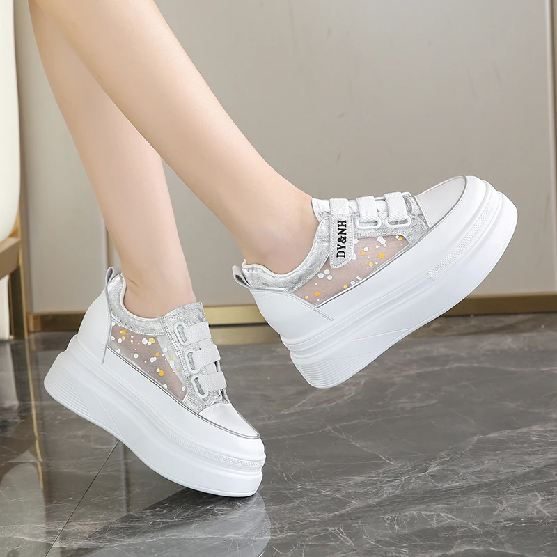 Breathable Mesh Vulcanized Shoes Ladies 2024 Summer Polka Dot Chunky Platform Sneakers Women Hook Loop Thick Bottom Casual Shoes