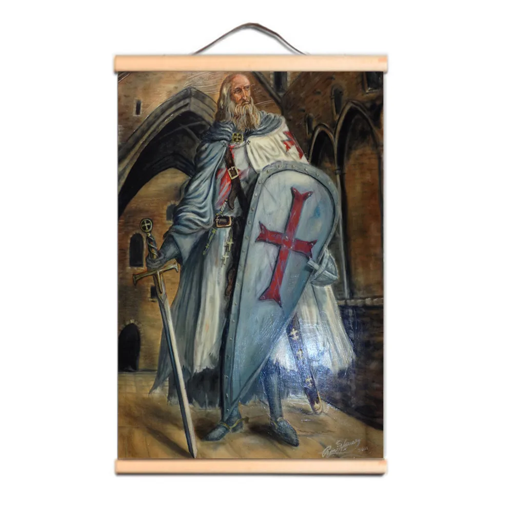 Vintage Knights Templar Posters Canvas Scroll Painting with Solid Wood Axis Christ Armor Warrior Banner Wall Hanging Picture G7