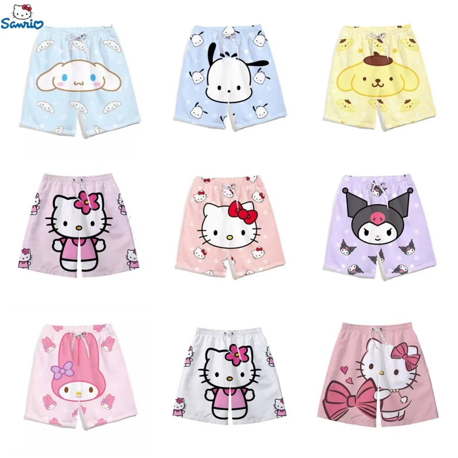 

Шорты Sanrio Kulomi Hello Kitty быстросохнущие для мужчин и женщин, милые повседневные домашние пижамные штаны для влюбленных, пляжные шорты с корицей