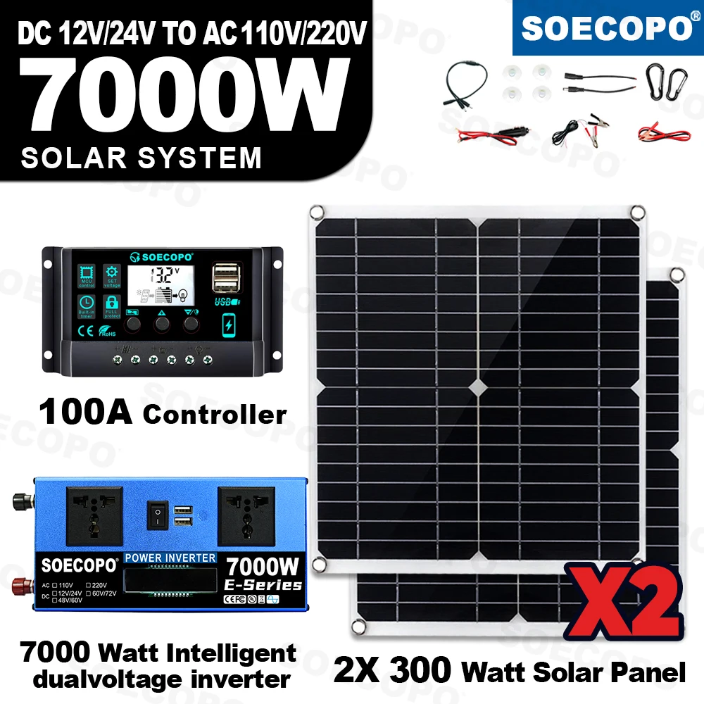 

SOECOPO® 7000W Home RV Camping Solar System Kit with 300W Panel+100A Controller+Inverter DC 12V/24V To AC 110V/220V CE/RoHS