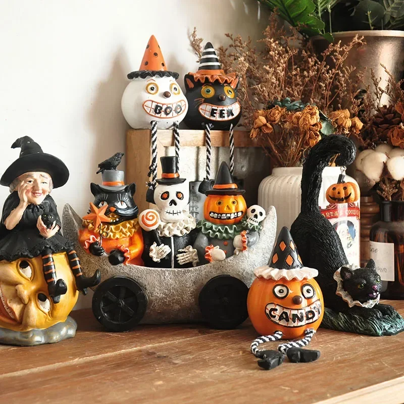 Party Decor Black Cat Witch Little Ghost Skull Resin Figurines Fun Halloween Scene Decoration Home Garden Ornaments Gifts