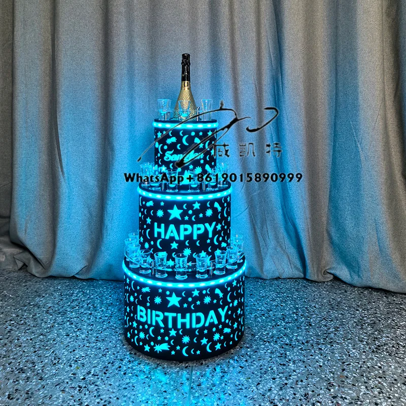مخصص 3 طبقات النبيذ الرف Led كعكة زجاجة مقدم بار حفلة Vip عيد ميلاد سعيد زجاجة خدمة مقدم مع صينية زجاجية النار #3