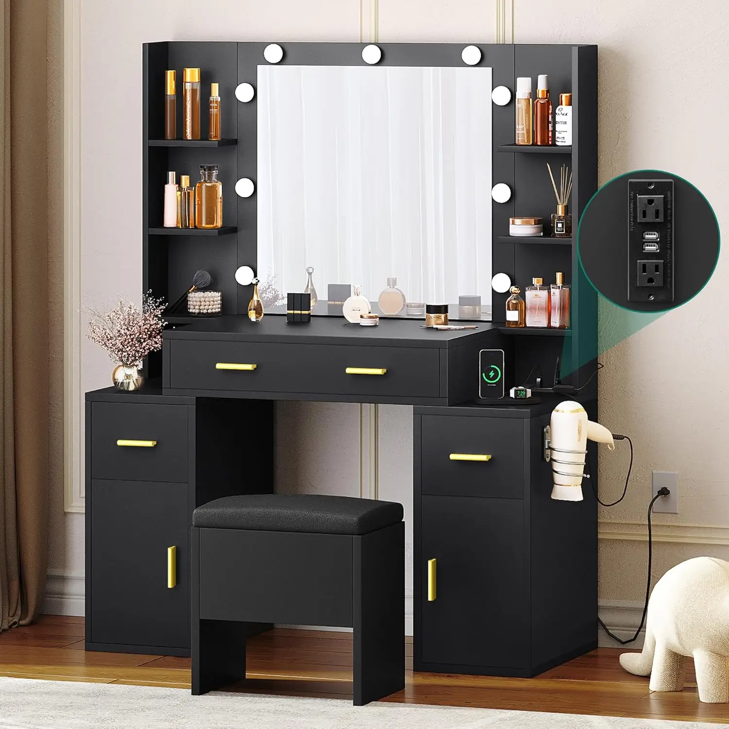 

Makeup Vanity Desk with Mirror and Lights Large Vanity Set with Charging Station Dressing Table with Storage Bench Makeup Vanity