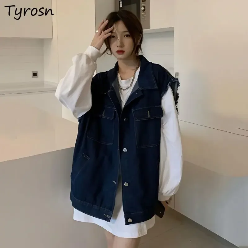 

Denim Vest Women Fashion Simple Design Vintage Spring Solid Outwear Loose Leisure Turn-down Collar Daily Korean Style Sleeveless
