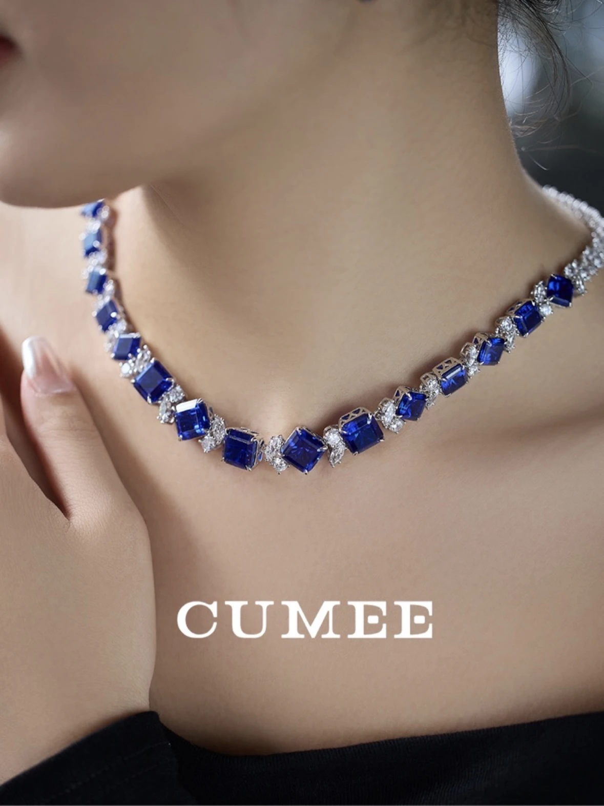 CUMEE Simple Chain Cultivated Synthetic Sapphire Necklace for Women Girls 925 Silver Gold-plated Party Anniversary