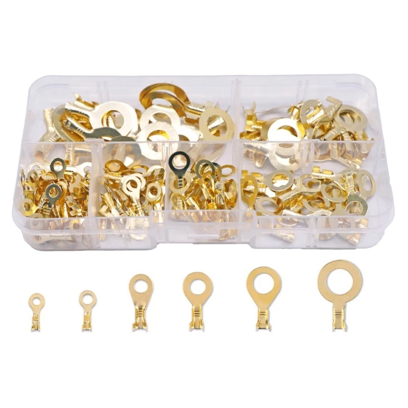 150Pcs Non-Insulated Rings Terminals Brass Wire Connectors Open Barrels Wire Rings Cable Lugs Crimp Kit Easy to Use