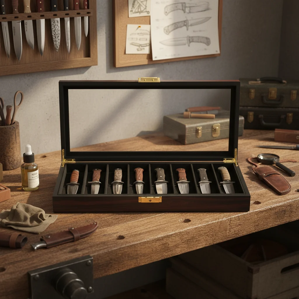 

Secure Locking Knife Storage Box Vintage Ebony Knife Display Case with 8 Compartments Key for Collectible Tools Desktop